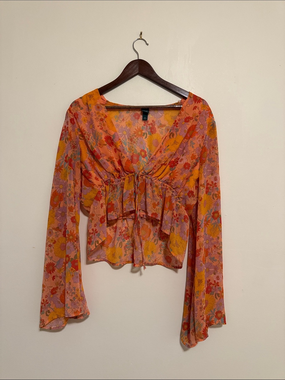 wild fable Orange Floral Boho Hippie Free Spirit Tie-Front V-Neck Blouse
